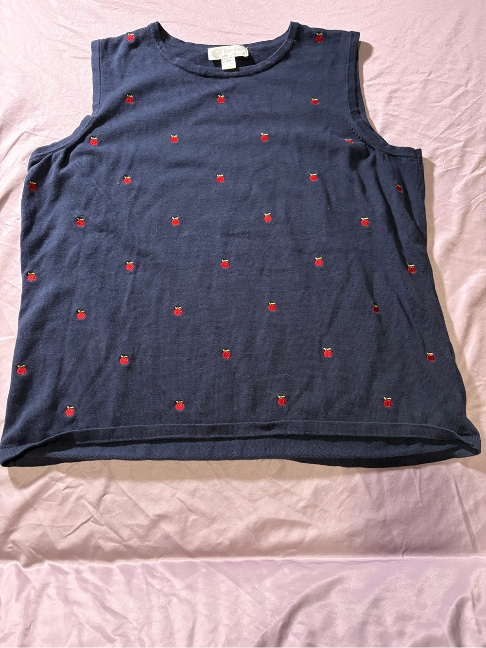 CJ Banks Navy Sleeveless Knit Tank with Red Apple Embroidery